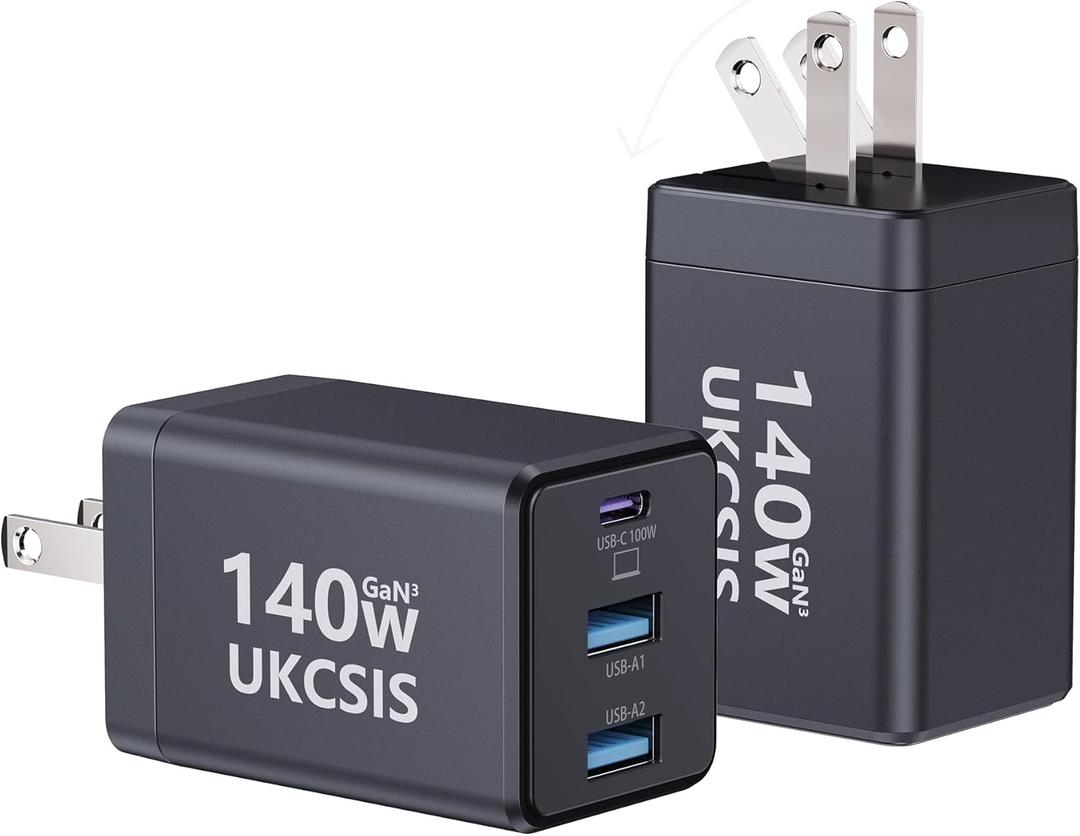 2Pack Mac Book Charger 140W, USB C Fast Charger Foldable 3-Port Multi-Device Fast Power Adapter, USB C Charger for MacBook pro/Air, Dell, Samsung Galaxy, iPad Pro, and More(Black)