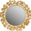 Martha Stewart Wall Dcor Large Gingko Leaf Round Wall Mirror for Living Room, Iron Metal Plate Frame Antique Finish, Ready to Hang Bedroom Decoration, Eden, 30.5", Gold