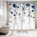 4 PCS Navy Blue Floral Flower Shower Curtain Set 72Wx72H Inch Watercolor Pastel Plant Complete Bathroom Set Non-Slip Bath Rug Toilet Lid Cover and U Shape Mat Accessories 12 Hooks Bathoom Decor
