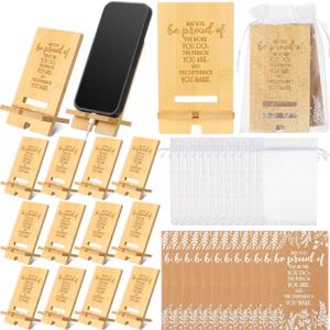 Novabright 12 Sets Employee Appreciation Gifts Bulk Bamboo Wooden Phone Stand for Desk with Greeting Cards Organza Bags Thank You Gifts for Coworkers Nurse Teacher Staff Office