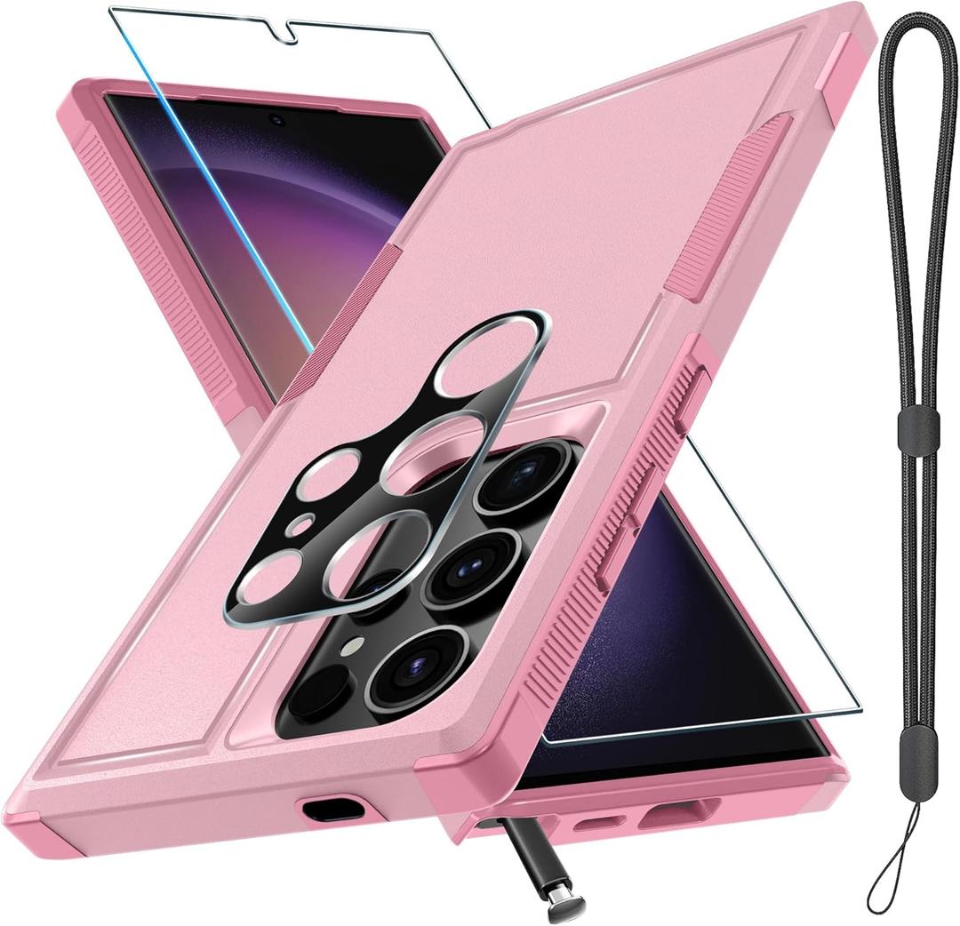 Case for Samsung Galaxy S25 Ultra, Full Body Heavy Duty Rugged Shockproof Protective Phone Cover with Lanyard Strap, Tempered Glass Screen Protector and Camera Lens Cover, Cute Pink