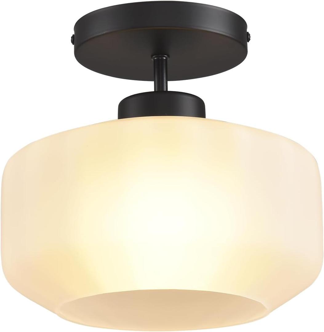 Industrial Black Matte Light Fixtures Ceiling Mount, with Frosted Glass Shades Semi Flush Mount Ceiling Light, for Hallway Fixtures Kitchen, Foyer