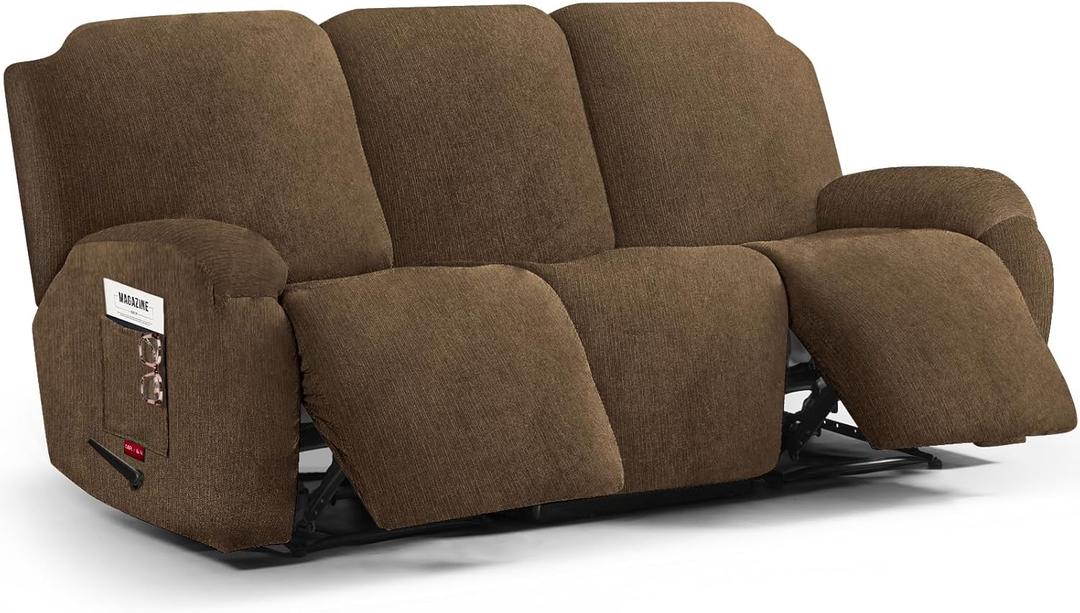 Stretch Recliner Sofa Cover - 5 Pieces Plush Fabric Slipcovers & Durable Furniture Protector for Reclining Couch, Ideal for Kids and Pets (3 Seater, Chocolate)