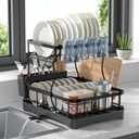 2 Tier Dish Rack, Carbon Steel Dish Drying Rack for Kitchen Organization & Storage, Countertop / Sink Dish Rack with Automatic Drain Tray, Large Capacity Black Dish Rack - Essential Home Kitchen Item