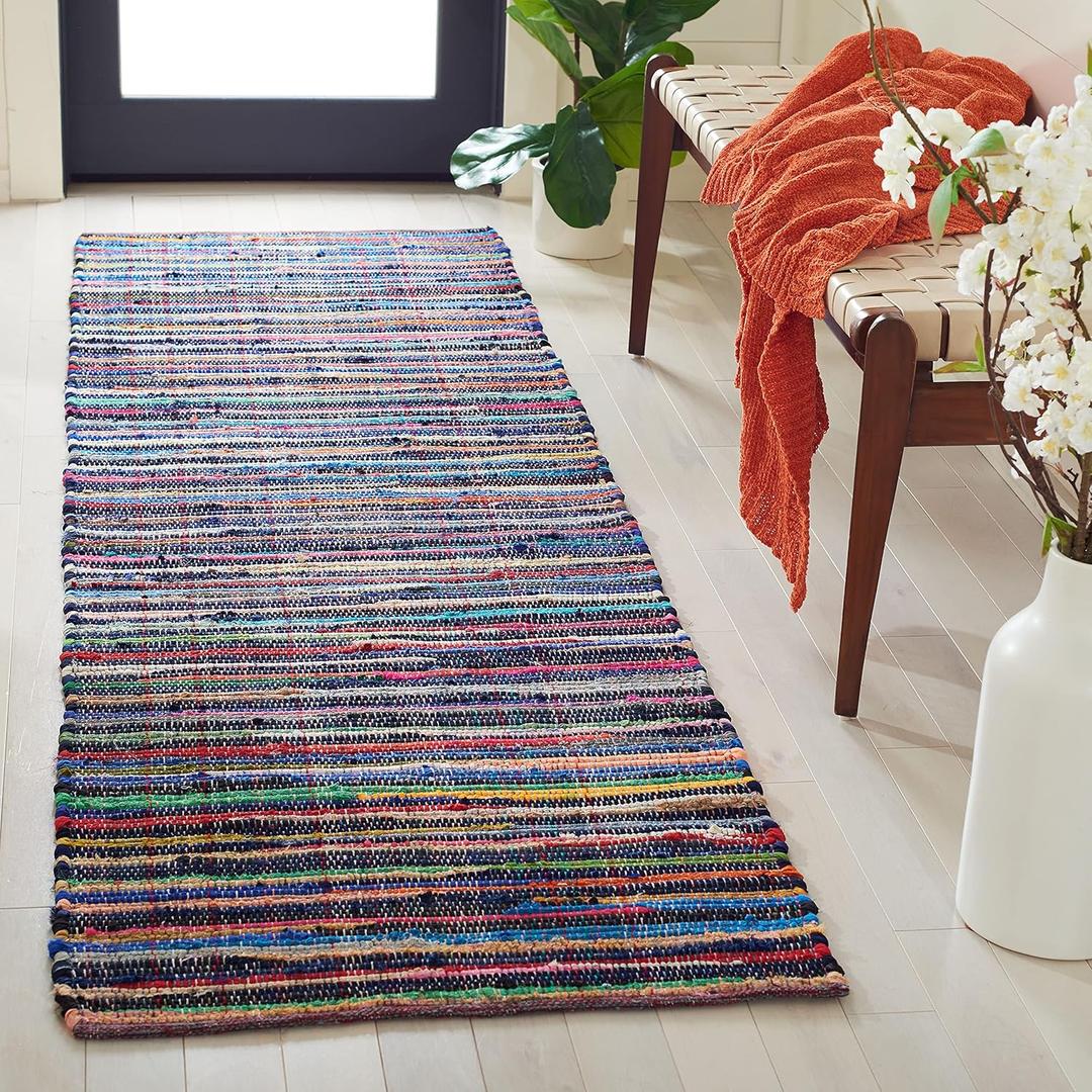 Rag Rug Collection Runner Rug - 2'3" x 6', Blue & Multi, Handmade Boho Stripe Cotton, Ideal for High Traffic Areas in Living Room, Bedroom (RAR240B)