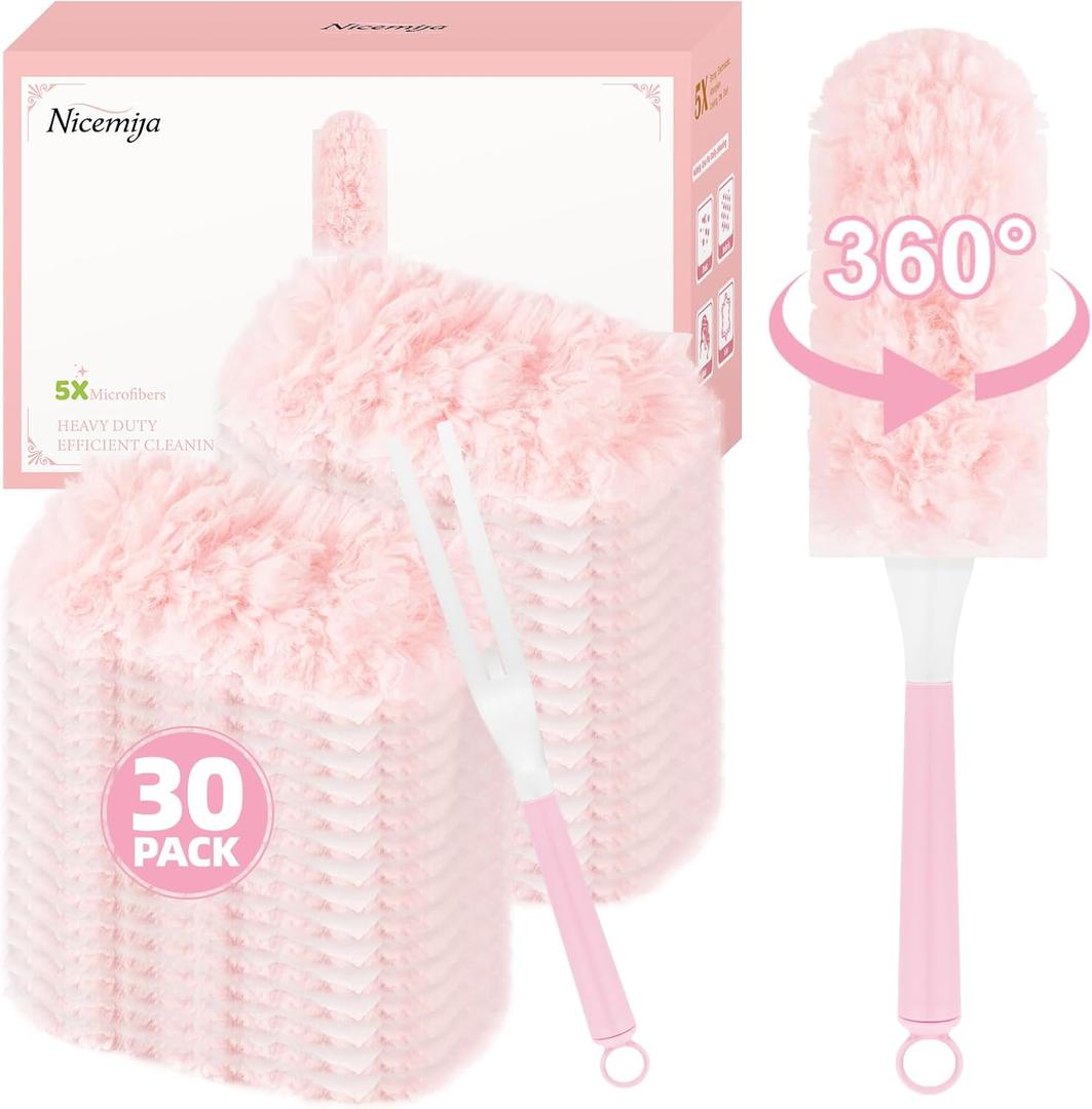 30 Count Pink Duster Refills Compatible with Swiffer Handle, 360 Multi-Surface Duster Refills with 1 Handle, 5X Microfibers Disposable Dusters for Home, Office Cleaning