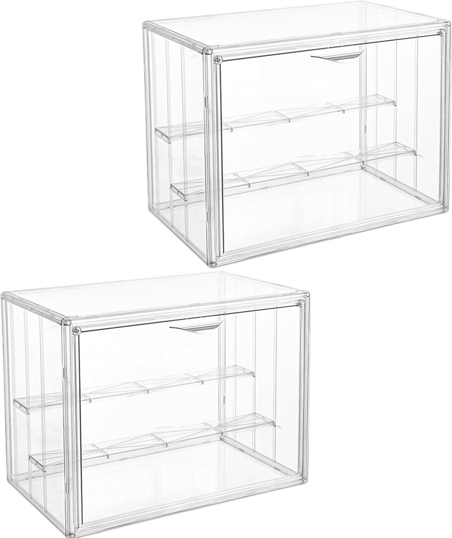 Attelite 2pack Clear Acrylic Display Boxes,3 Tiers Display Case with 2 Movable Plates, Display Storage Box with Magnetic Door, Stackable Showcase for Action Figures