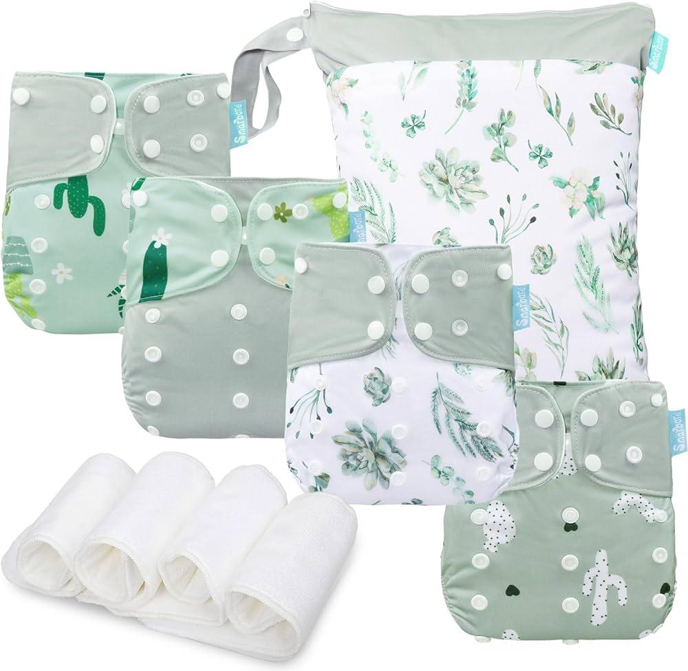 Baby Cloth Diapers Set - 4 Pack with 4 Inserts & 1 Wet Dry Separation Bag, Reusable Infant Toddler Nappy, Adjustable Pocket Diapers for Baby Boys and Girls (6-33 pounds, 0-3 Years) 