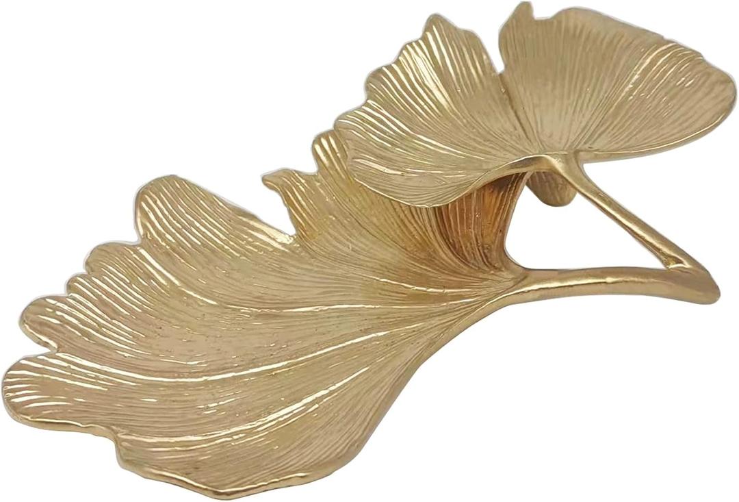 Metal Jewelry Dish, Small Leaf Shaped Ring Holder Jewelry Organizer, Trinket Dish Vanity Tray for Dresser Christmas Birthday Wedding Gifts (2-Tier Ginkgo(Large)-gold)