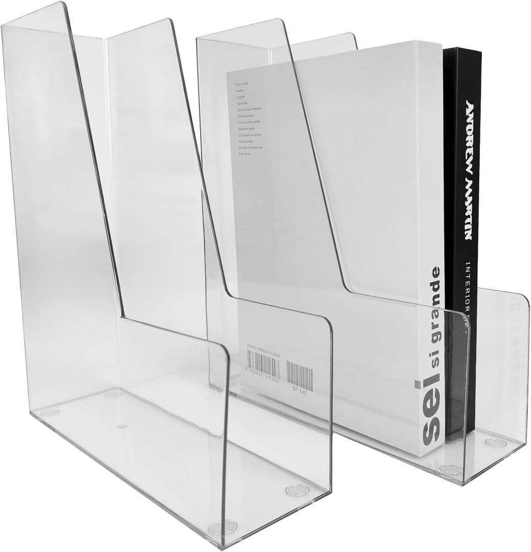 Vertical File Holder, 2 pack Plastic Magazine Organizer, Multi-purpose Document Organizer for Home Office (Clear)