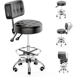 YJHome Rolling Stool, Rolling Stools with Wheels Foot Rest, Backrest Adjustable Height, Heavy Duty 400lbs Weight Capacity, Salon Spa Tattoo Massage Office Swivel Stool Chair (Black), 16 Inches X 6 Inches X 26 Inches