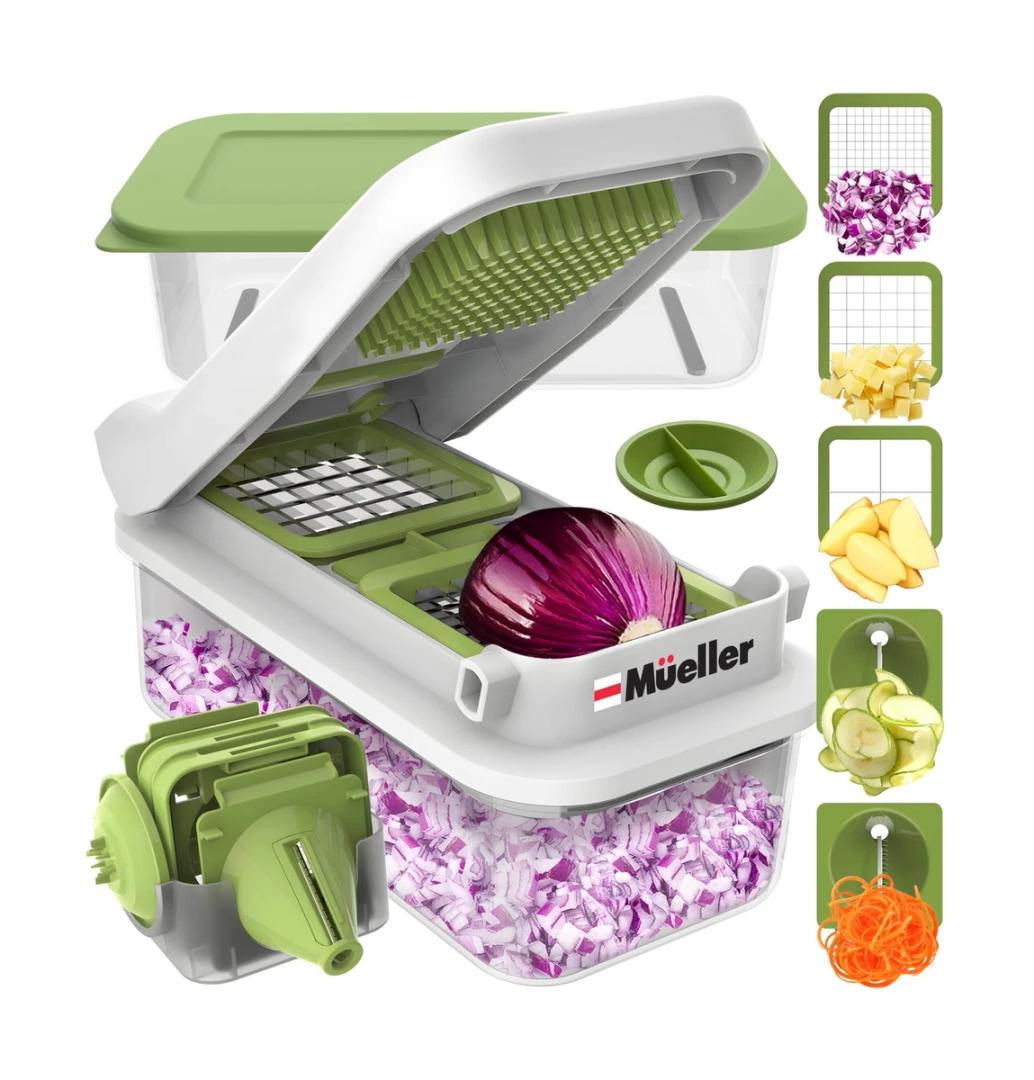 Mueller Pro-Series V Blade Veggie Chopper, Egg Slicer, Spiralizer, Dicer, Cutter, Food Chopper, Gifts for Mom, Kitchen Accessories & Kitchen Essentials with Food Container and Lid White Sand/Green