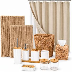 14Pack Wicker Bathroom Accessories Set, Waffle Shower Curtain, PVC