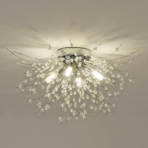 Modern Small Crystal Ceiling Light Fixture, 4-Light Chrome Crystal Sputnik Firework Chandelier, Semi Flush Mount Ceiling Light Fixtures for Bedroom Kitchen Hallway Entryway Bathroom(H9.5'' x W17.7'')