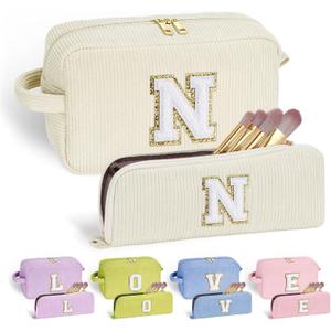 YOOLIFE Initial Travel Makeup Bag Cosmetic Bag - Teen Girl Gifts Trendy Stuff Friend Birthday Gifts for Women Teen Girl Kids (Off White)