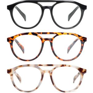 KoKoBin Aviator Round Reading Glasses for Men and Women,3 Pairs Oversized Blue Light Blocking Spring Hinge Readers (Mix Color)