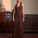 HTZMO Women Formal Sexy V Neck Halter Tie Maxi Dress Bodycon Flowy Wedding Guest Cocktail Elegant Long Dresses Brown M (Brown)