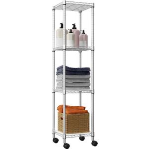 Storage Shelves Adjustable, 4 Tier Shelving Units for Storage with Wheels, Corrosion Resistant Wire Shelving Unit for Kitchen Closet Bathroom Office, Chrome 11.8" D x 11.8" W x 48.1" H (4 tier 11.8" D x 11.8" W x 48.1" H)