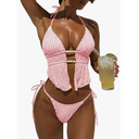 ZAFUL Halter Swimsuits for Women Textured Backless 2 Piece Bathing Suits Cheeky High Cut String Tie Side Bikini Sets