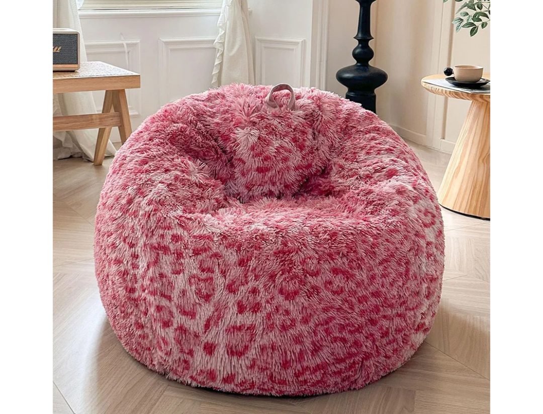 XeGe Faux Fur Leopard Print Bean Bag Chair Cover (No Filler), Pink Cheetah Print Fluffy Stuffed Animal Storage Bean Bag Home Decor, Furry Fuzzy Beanbag Cover for Adults Kids Girls, Anti-slip, Pink