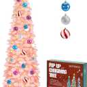 SINTENILL 5 FT Pop Up Christmas Tree with Timer Lights and Decorations, Pink Tinsel Artificial Christmas Tree with 24 Balls Ornaments, Collapsible Pencil Tree for Xmas Home Office Party Decor