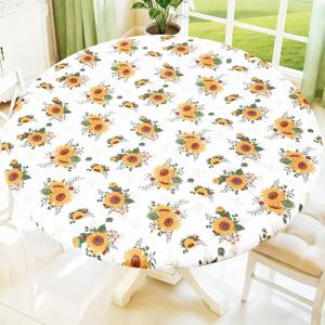 Moosfor Spandex Elastic Fitted Round Tablecloth for 45"-56" Tables, Stretch Washable Reusable Table Cover for Outdoor Picnic, Camping, Dining, Kitchen, Patio and Party, Butterfly Sunflower