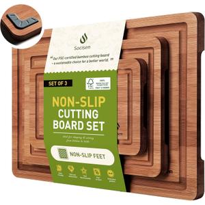 Socisen 3 Packs Bamboo Cutting Board Set with Non Slip Feet and Over Sink Nice Solid Thick Wood Juice Groove Chopping Board Extra Large Big Small Best Hardwood Kitchen Counter Organic Vegetable (Brown)