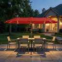Kingdura 15ft Large Patio Umbrella with Solar Lights, Double-Sided Rectangle Lighted Outdoor Table Umbrella with Base Included, 12 Reinforced Ribs, 48 Led Lights, Crank Lift for Market Pool Deck Backyard, Red