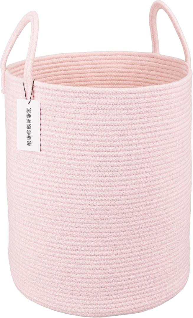 XUANGUO Cotton Rope Laundry Basket Hamper for Girls Kids Baby Nursery Hamper Bin Woven Storage Basket for Living Room Girls room Boho Tall Rope Baskets for Blanket Toys Large light pink (Regular)