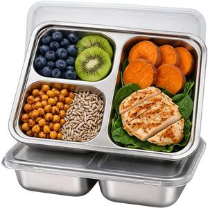 2 Pack Snack Containers for Kids, Stainless Steel Toddler Plates with Lids, 3 Compartment Food Container, Baby Plates, Stainless Steel Lunch Box for Kids, Bento Box Meal Prep Containers