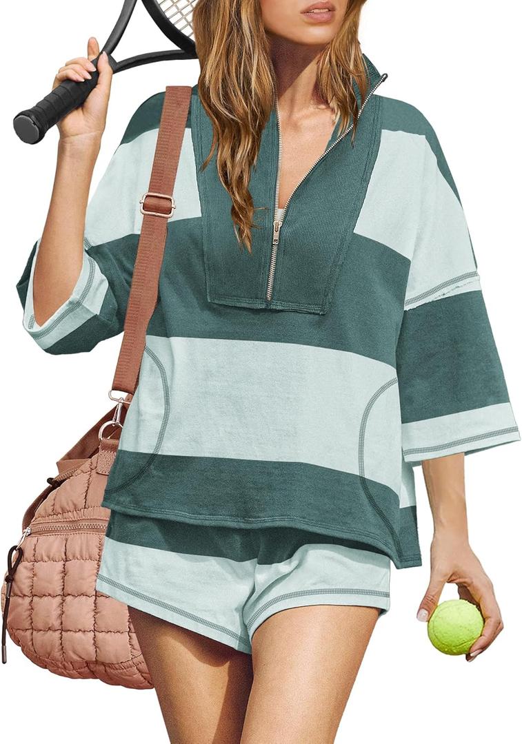 ReachMe Womens Workout Striped Short Sets 2 Piece Outfits Summer Matching Lounge Sets Top and Shorts with Pockets (Medium, Green Green)