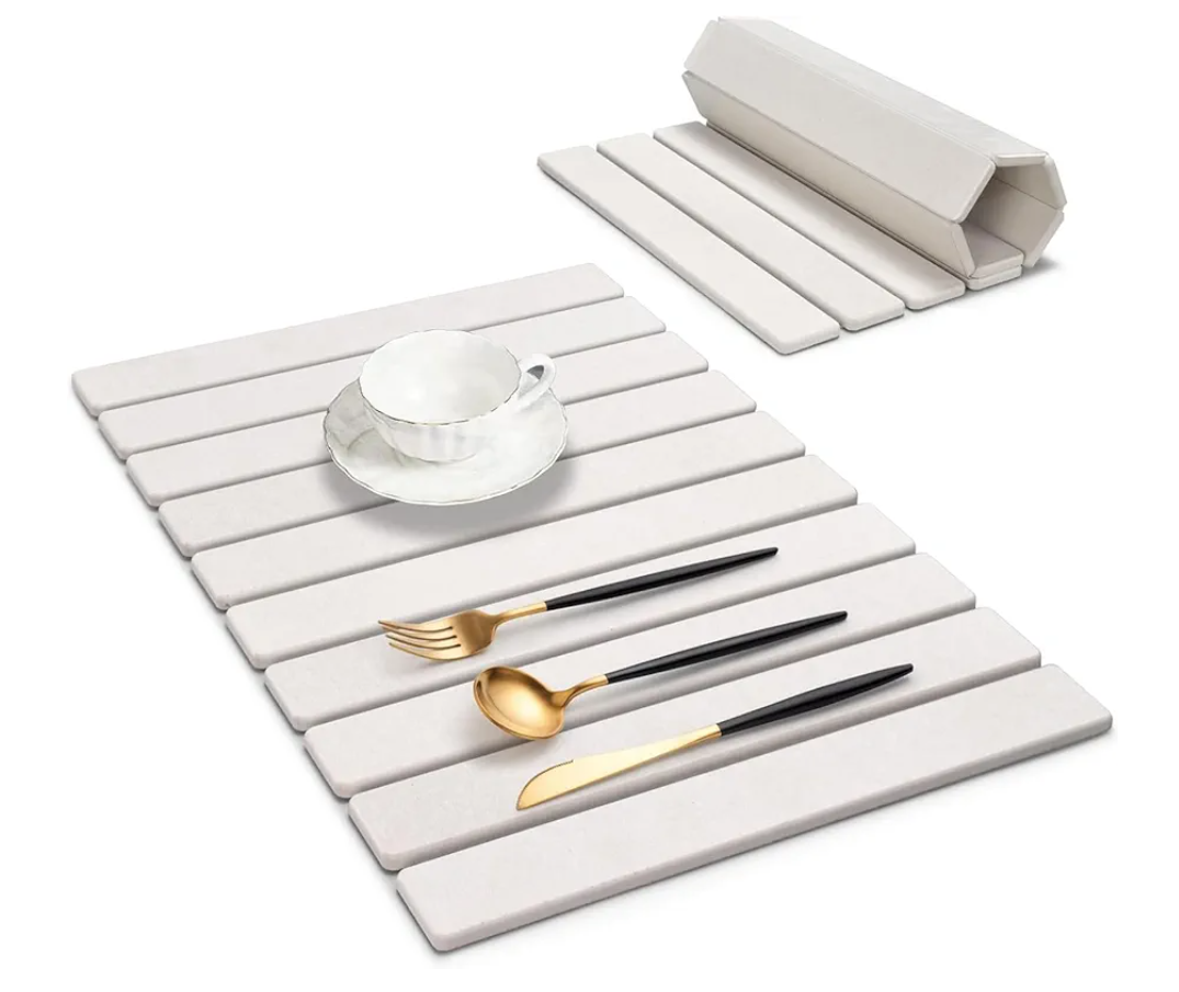 Large Stone Dish Drying Mat for Kitchen Counter, 24"(L)×16"(W), Super Absorbable Diatomaceous Stone Mat, Collapsible Stone Dish Drying Mat for Dishes Bottles, Cups, Match Any Countertop