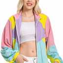 80s Windbreaker Jacket for Women, Retro Color Block Casual Coat Neon Long Sleeve Outerwear (L)