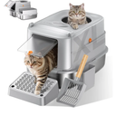 Stainless Steel Cat Litter Box with Lid, XL Extra Large Metal Litter Box for Big Cats, 180° Flip Cover Enclosed Top Entry Litter Boxs with High Sided Enclosure & Scoop, Non-Sticky, Anti-Leakage