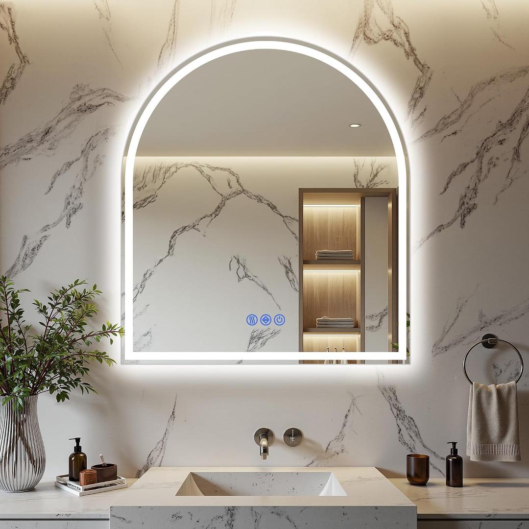 34"x30" Arched LED Bathroom Vanity Mirror with lights, Frameless Mirror