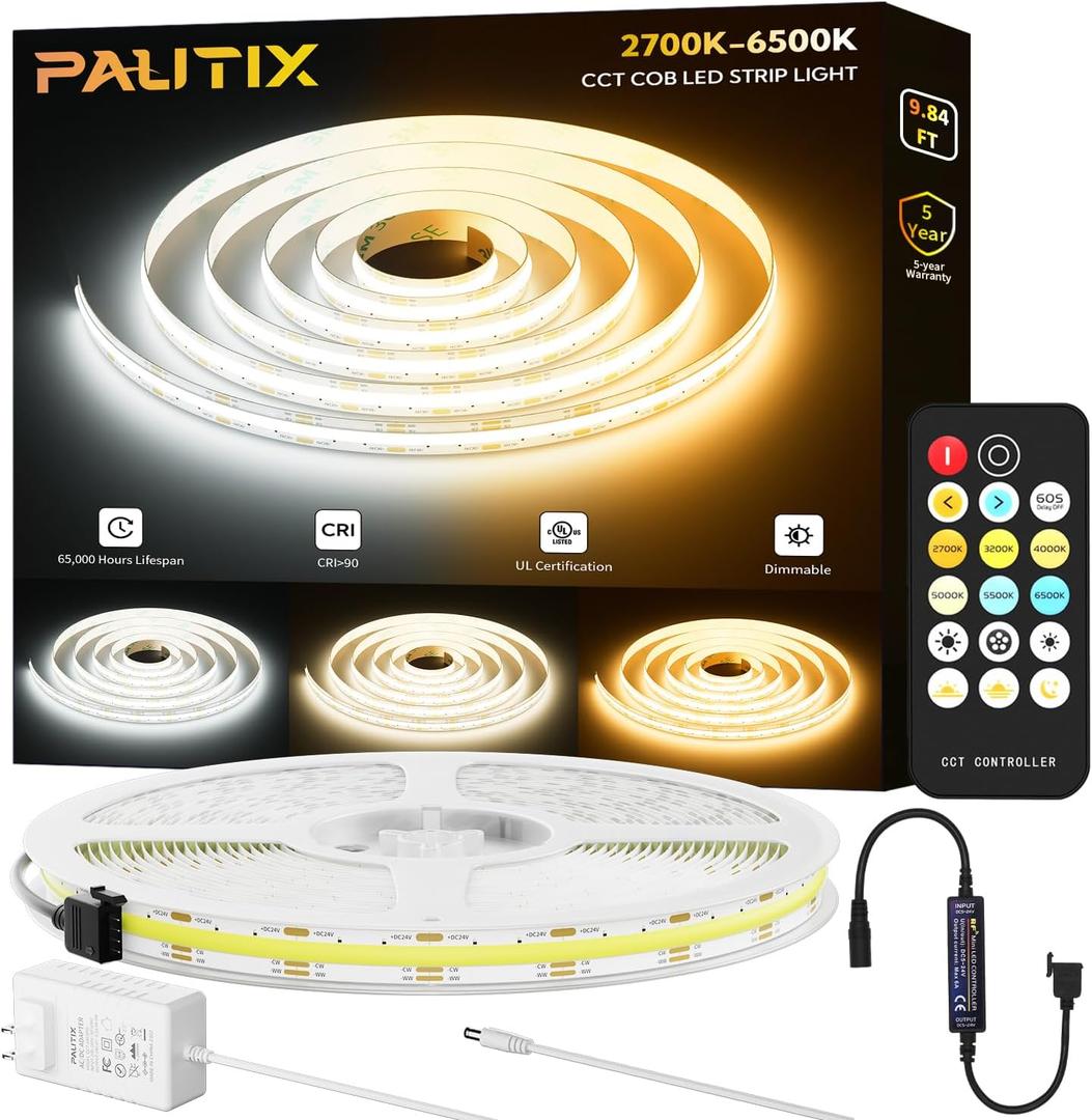 PAUTIX COB LED Strip Light White CCT Tunable 1920LEDs Super Bright,9.84ft Dimmable 2700K-6500K 24V LED Tape Light with UL-Listed Power Supply,for Under Cabinet Bedroom Kitchen TV Mirror DIY Lighting