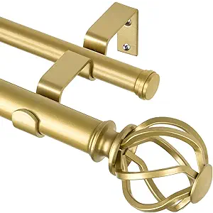 KAMANINA 1 Inch Double Curtain Rod 72 to 144 Inches (6-12 Feet), Gold Curtain Rods for Windows 66 to 120, Heavy Duty Telescoping Drapery Rod with Twisted Cage Finials