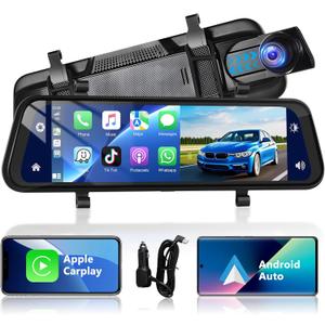 Podofo 9.66" Wireless CarPlay Car Mirror Dash Cam Android Auto IPS Touch Screen Rear View Mirror Camera 1080P Front View Cameras with Night Vision Parking Assistance for Car Trucks