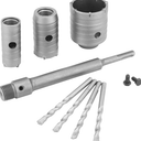 QWORK Concrete Hole Saw Kit, 7 Pcs Cement Stone Drill Bit Sets, Shank with (30mm 40mm 60mm) Cutting Diameter, 8 11/16" Connecting Rod, 3 Center Drill Bits, for Brick Stone Wall Drilling