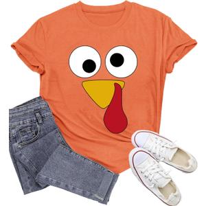 Thanksgiving Shirts for Women Happy Turkey Day T-Shirts Turkey Face Tee Tops (Orange, XXL)
