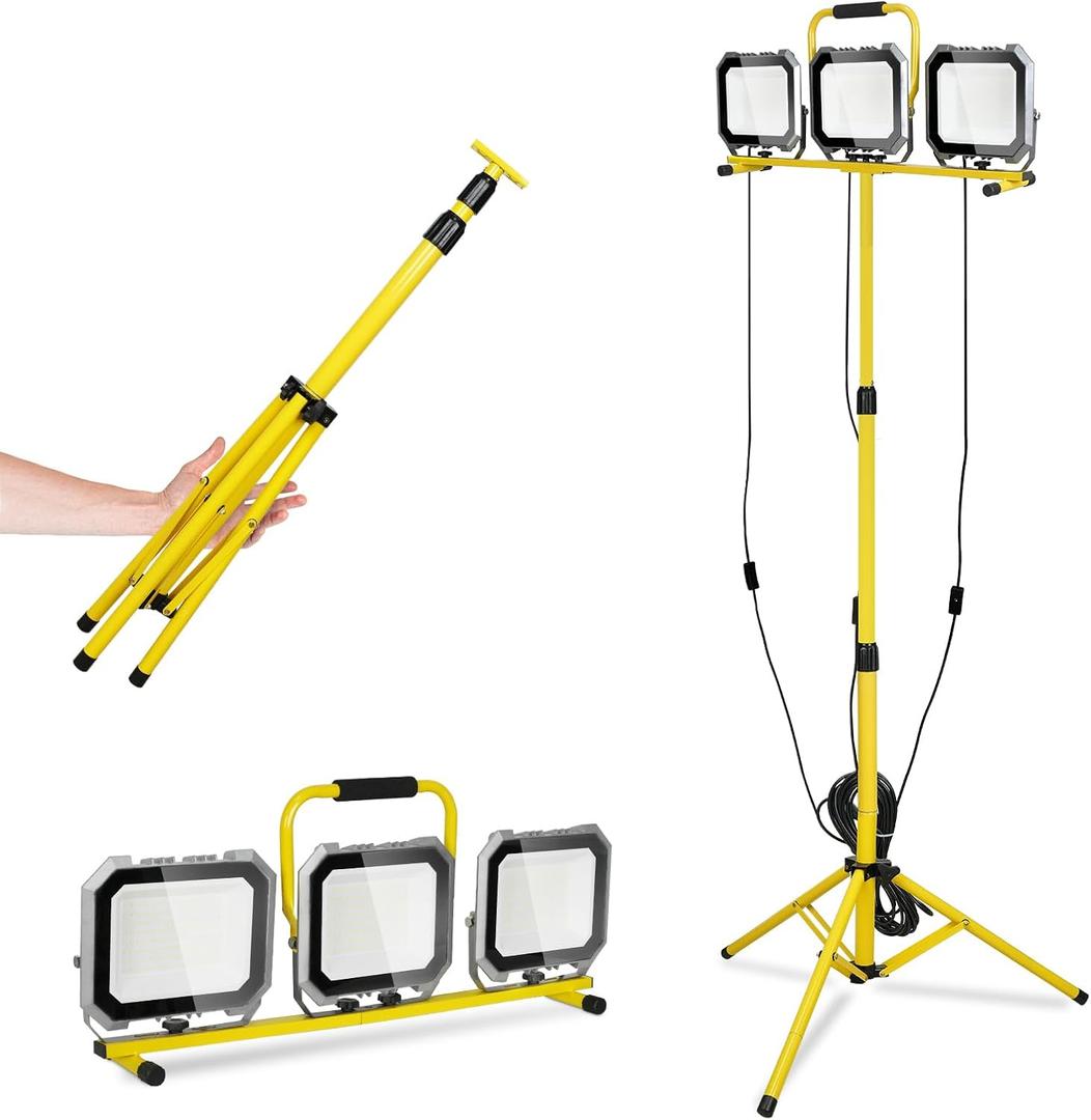 15000LM Work Lights with Stand, IP66 Waterproof 6000K LED Work Light with Foldable Tripod Stand, 3 Head Portable Work Light with Individual Switch for Indoor Outdoor Lighting