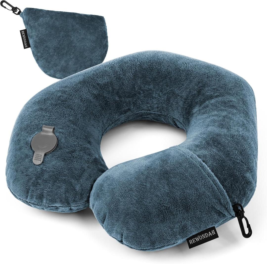 Rewondah Neck Pillows for Travel, Inflatable Travel Pillow, Inflatable Neck Pillow for Traveling Airplane with Soft Velour Washable Cover, U Shape Blow Up Neck Pillow for Airplanes Train Car Travel (Green)