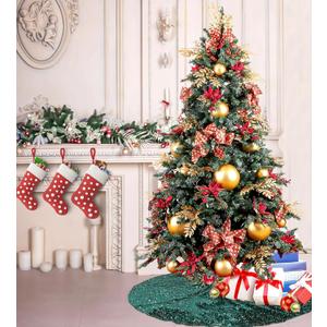 ShinyBeauty 21" Dark Green Sequin Velvet Tree Skirt | Elegant Christmas Tree Decor | Festive & Durable | Holiday Home Decor