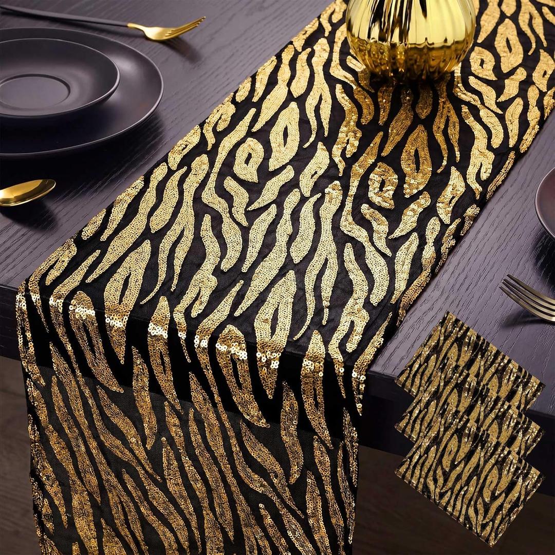 Peryiter 3 Pcs Roaring 1920's Table Runners Decorations 12 x 108 Inch Great 20's Black and Gold Table Runner Sequin Reusable Tablestrip for 1920s Vintage Speakeasy Wedding Party