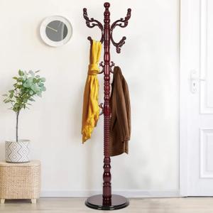 Wooden Coat Rack Freestanding, Hall Tree Hanger With Resin Hooks, Adjustable Heavy Duty Coat Rack for Hanging Clothes Bags Hats in Living Room Bedroom (coat rack, Round Base-Rosewood Color)