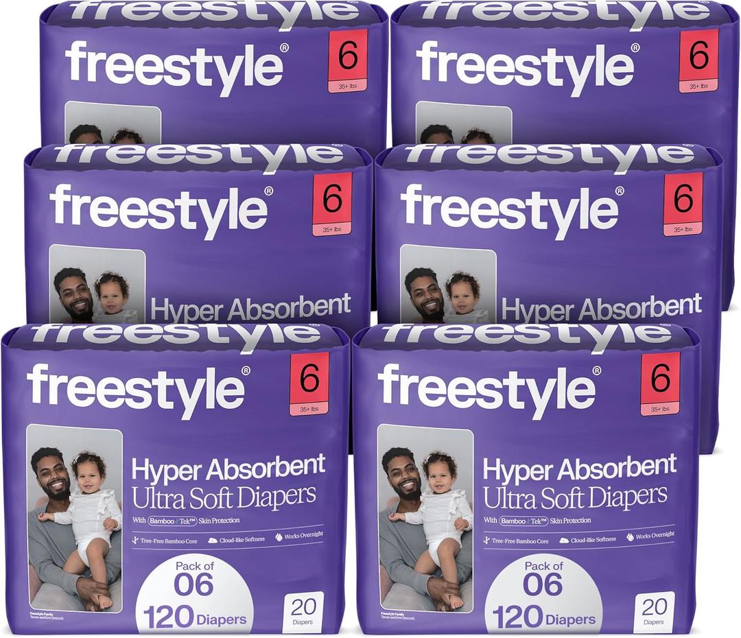 Freestyle BambooTek Diapers (Size 6) Hyper Absorbent & Non-Toxic Disposable Diapers for Sensitive Skin Ultra Soft Diapers (35+ lbs) 120 Count