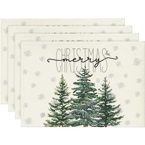Artoid Mode Beige Pine Tree Snowflake Merry Christmas Placemats Set of 4, 12x18 Inch Seasonal Winter Xmas Holiday Table Mats for Party Kitchen Dining Decoration
