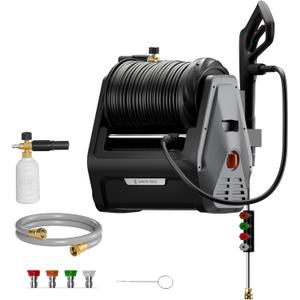 Giraffe Tools Grandfalls Pressure Washer, Electric Wall Mount Power Washer with Retractable Pressure Hoses, 2900PSI, 2.2GPM, 4 Nozzles, Foam Cannon for Cars/Patios, Dark Silver, 100 ft