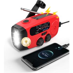 086S Hand Crank Emergency Radio - 2000mAh/7400mWh AM/FM/NOAA Solar Hand Crank Emergency Radio with 3 LED Flashlight, SOS Function for Emergencies, Camping - Red