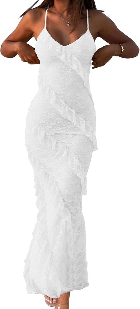 HOCILLE Women's Sexy V Neck Floral Lace Wedding Bodycon Spaghetti Strap Elegant Ruffle Maxi Cocktail Party Dresses (Medium, White)